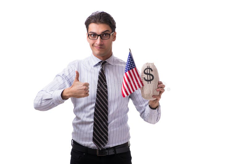 Young businessman with american flag and money sack on white. Young businessman with american flag and money sack on white