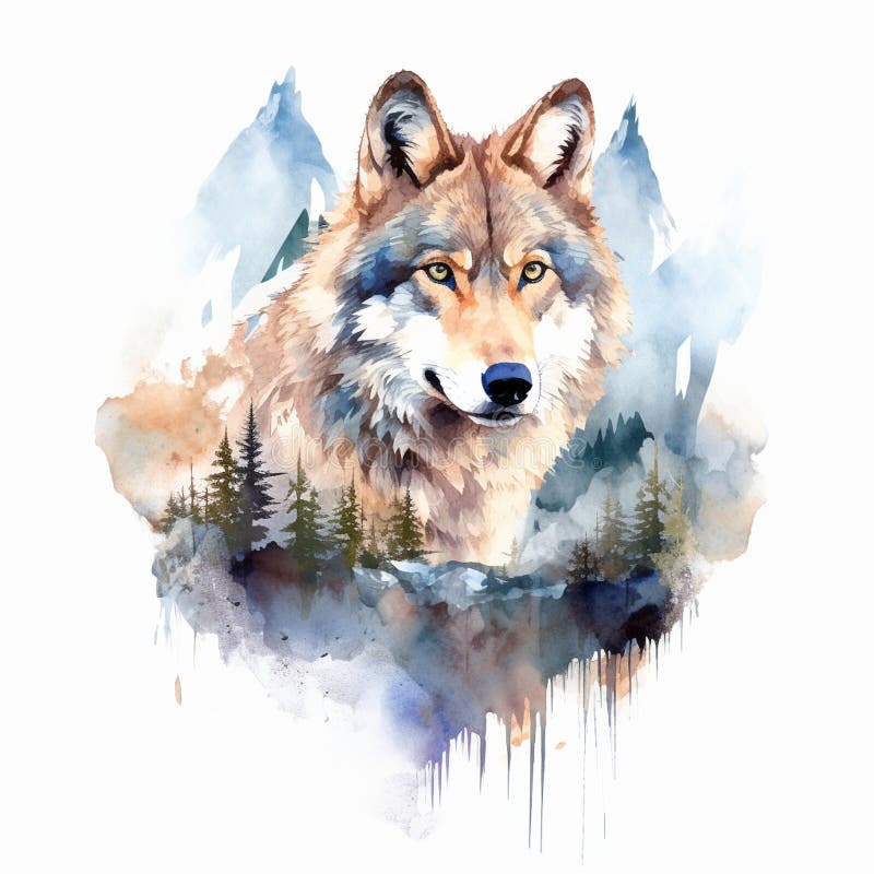 Der Kopf eines Wolfs auf weißem Hintergrund mit doppelter Exposition. Grafikelement für Retrodesign. Einheimischer Wolf im Holzkunststil, der mit palettierter Messertextur eine hohe Qualität für den Shirt-Druck ohne Hintergrund verwendet