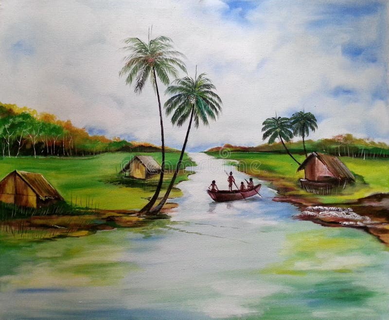 Village Scenery in  Landscape  Acrylic Painting.nature and homes beautiful location/. Village Scenery in  Landscape  Acrylic Painting.nature and homes beautiful location/