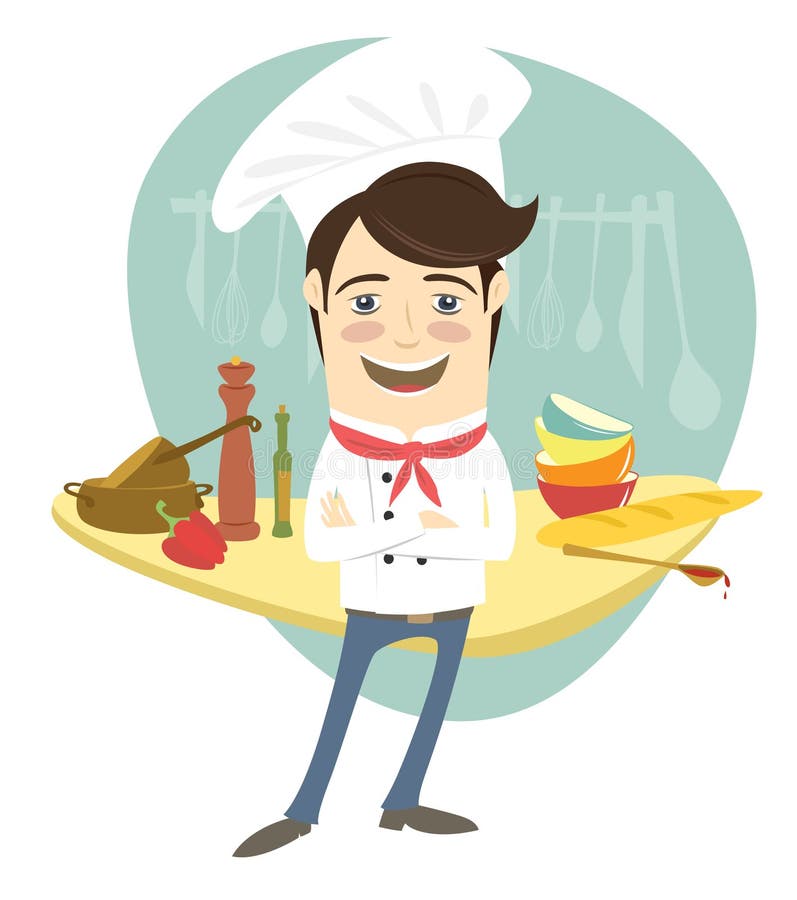 Der lustige Chef, der mit seinen Armen steht, faltete sich in der Küche stock abbildung Der lustige Chef, der mit seinen Armen steht, faltete sich in der Küche stock abbildung