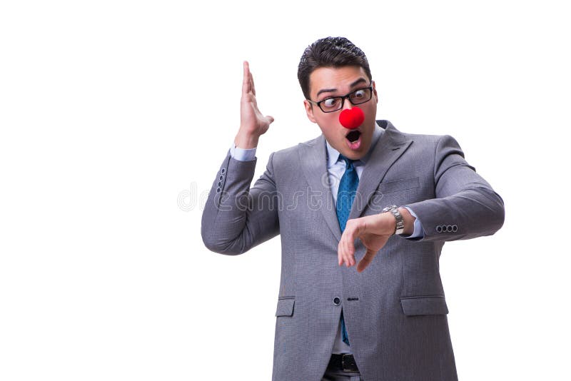 Der lustige Clowngeschäftsmann lokalisiert auf weißem Hintergrund lizenzfreies stockfoto Der lustige Clowngeschäftsmann lokalisiert auf weißem Hintergrund lizenzfreies stockfoto