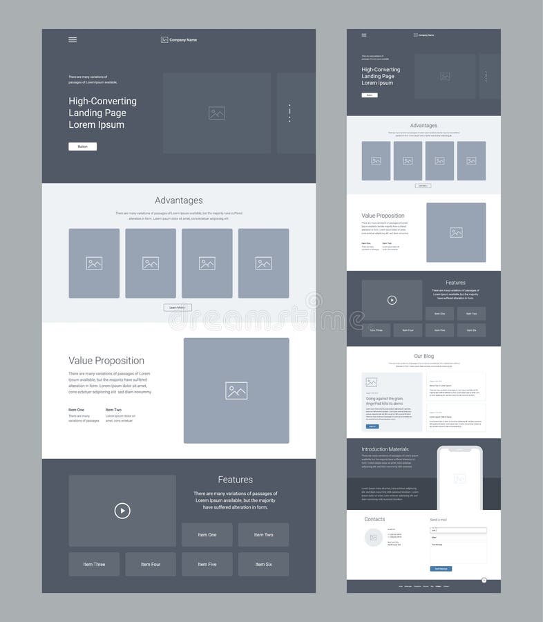 Der moderne reagieren Design Ux-ui Website Zielseite wireframe Entwurf für Unternehmen Eine Seitenwebsite-Planschablone lizenzfreie abbildung