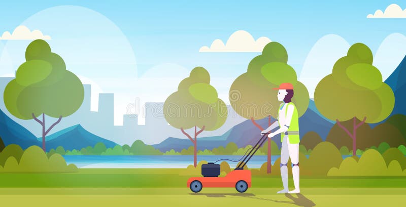 Der moderne Roboter, der mit Gras Gartenarbeitkonzept der Technologie der künstlichen Intelligenz des Rasenmäherdem robotergärtne lizenzfreie abbildung