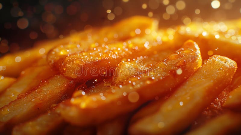 In der Nähe glitzernder Pommes frites ein beliebtes frittiertes Gericht in der Küche. Ein Haufen Pommes frites mit Funkeln, die von ihnen ein beliebtes frittiertes Futter aus tiefbraten Kartoffeln abgeben, nachdem sie in Streifen geschnitten wurden, ai generiert
