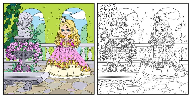 In der Nähe Karikaturprinzessin Palastpark Gartenmarmorvase mit einer Statue der Amorfarbe und für Färbungsseite vorgestellt lizenzfreie abbildung