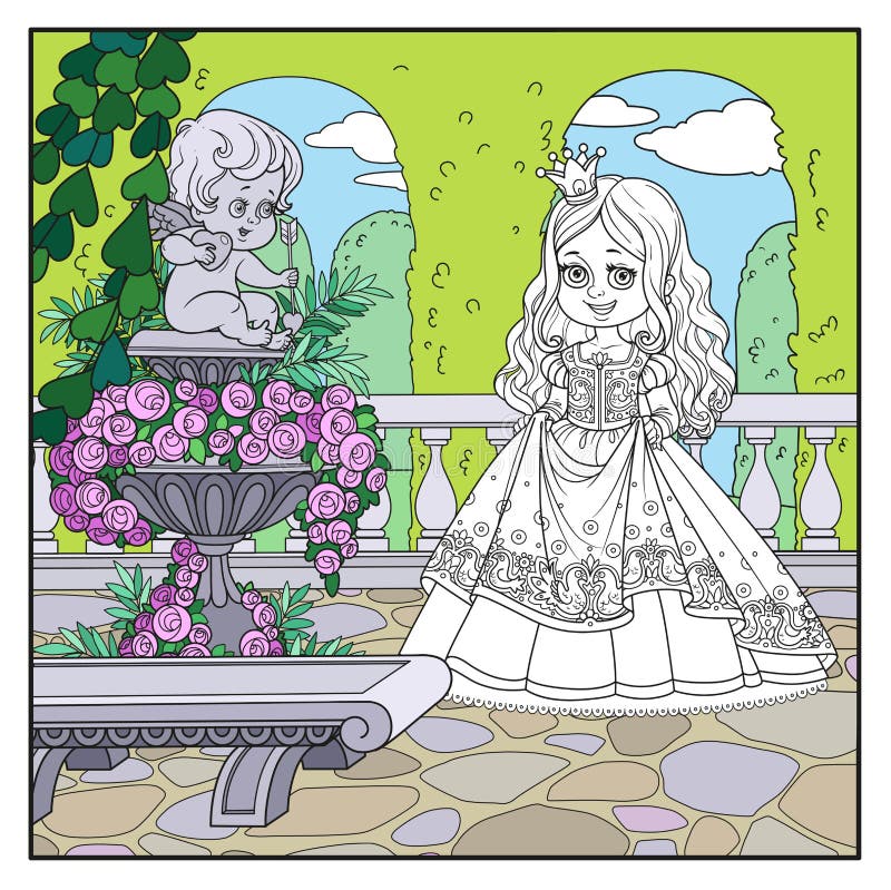 In der Nähe Karikaturprinzessin Palastpark Gartenmarmorvase mit einer Statue des Amors für Färbungsseite vektor abbildung