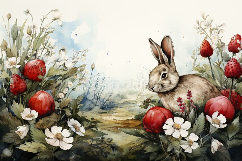 Der Osterhasen, der in zarten Wasserfarbenstrichen gerendert wird, wird zum Helden der Quellen. stock abbildung