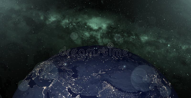 In der Planetenerde Nachtstadtlichtern Nachtszene mit dem Weltraum. lebhafte Nachterde mit Raum der Glühbirne 3d mit buntem milchi
