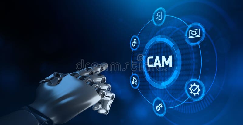 Der Produktionstechniksystems des Nockens computergestütztes Intelligentes Technologiekonzept. Roboterwiedergabe des armes 3d. vektor abbildung