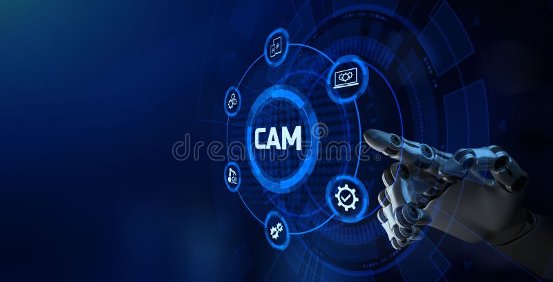 Der Produktionstechniksystems des Nockens computergestütztes Intelligentes Technologiekonzept. Roboterwiedergabe des armes 3d. lizenzfreie abbildung