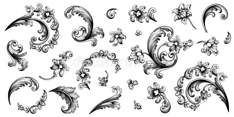 Der Rahmengrenzblumenverzierung der barocken Rolle der Blumenweinlese stieg viktorianisches graviertes Retro- Muster mit Filigran