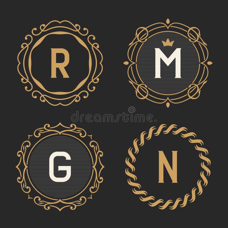 The set of graceful vintage monogram emblem and logo templates. Stylish retro business sign, identity, label for hotel, cafe, boutique, jewelry. Stock vector. The set of graceful vintage monogram emblem and logo templates. Stylish retro business sign, identity, label for hotel, cafe, boutique, jewelry. Stock vector.