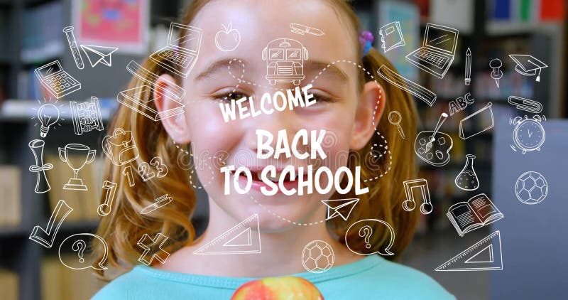 In der Schulanimation eines lächelnden Kindes mit Begrüßungstext und Symbolüberlagerung stock video