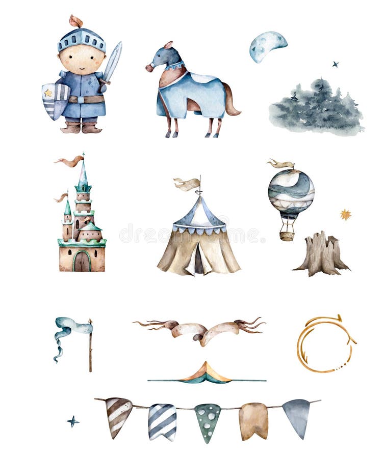 Der schöne nette kleine Ritter und das Schloss. Abenteuersammlung. Handgezogene Kindergruß Aquarellkarikatur festgelegt für stockfotos