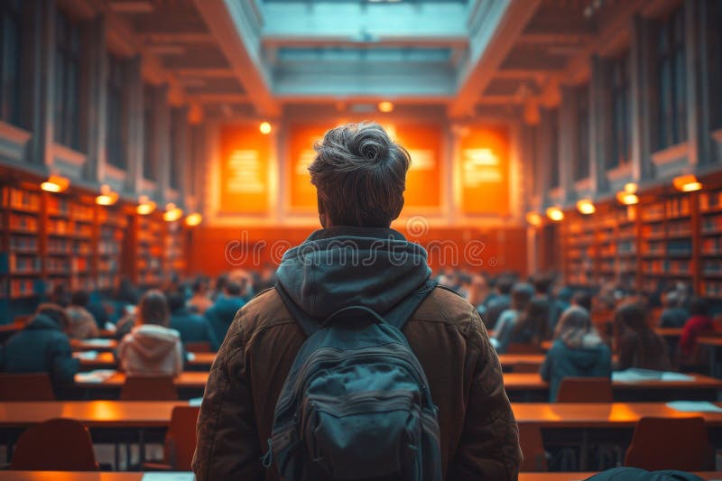 Der Schüler kam in das Lesesaal einer großen Bibliothek. ai generiert