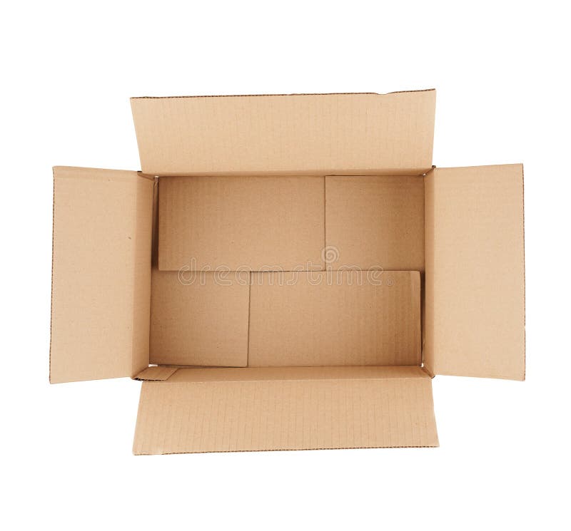 Top down view of open empty cardboard box isolated on white. Top down view of open empty cardboard box isolated on white