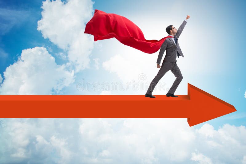 Der Superheldgeschäftsmann, der auf Pfeil steht lizenzfreie stockbilder Der Superheldgeschäftsmann, der auf Pfeil steht lizenzfreie stockbilder