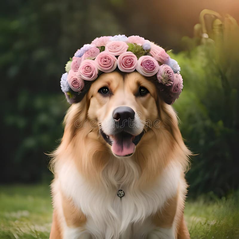 Der süße Hund mit Blumenstrauß auf dem Kopf, hat ein Bild erzeugt lizenzfreie abbildung