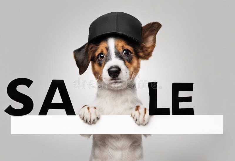 Der süße Welpenhund in einer Kappe hält mit Pfoten auf Schild, mit Textverkauf auf Weiß lizenzfreies stockbild