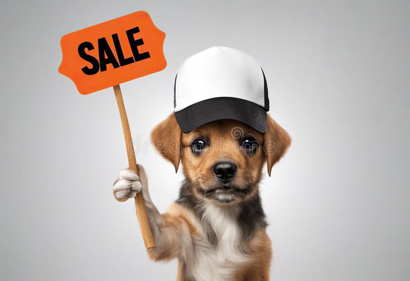 Der süße Welpenhund in einer Kappe hält mit Pfoten auf Schild, mit Textverkauf auf Weiß lizenzfreies stockfoto