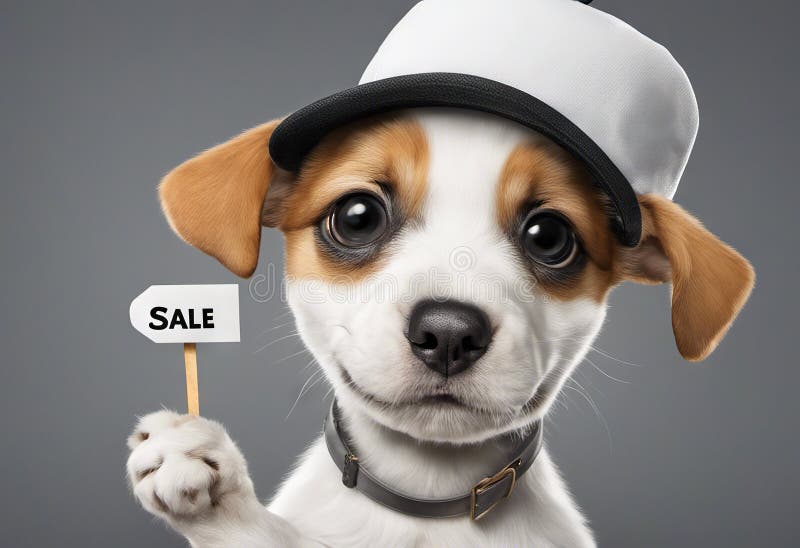 Der süße Welpenhund in einer Kappe hält mit Pfoten auf Schild, mit Textverkauf auf Weiß stockfotos