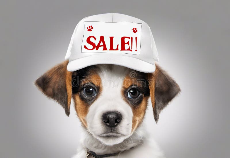 Der süße Welpenhund in einer Kappe hält mit Pfoten auf Schild, mit Textverkauf auf Weiß stockfotografie