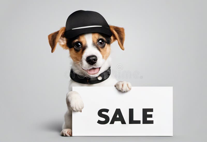 Der süße Welpenhund in einer Kappe hält mit Pfoten auf Schild, mit Textverkauf auf Weiß stockbilder