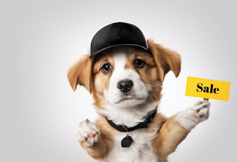 Der süße Welpenhund in einer Kappe hält mit Pfoten auf Schild, mit Textverkauf auf Weiß stockfoto