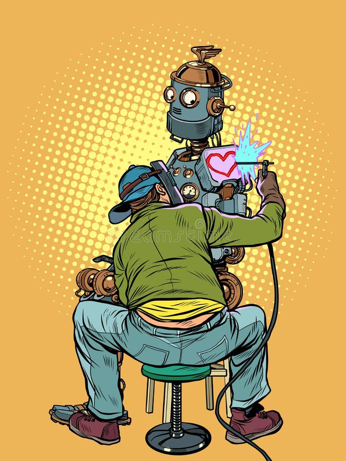 Der Tätowierungskünstler füllt den liebevollen Roboter mit einer Tattoo eines Herzens. Valentinsgrußtag lizenzfreie abbildung