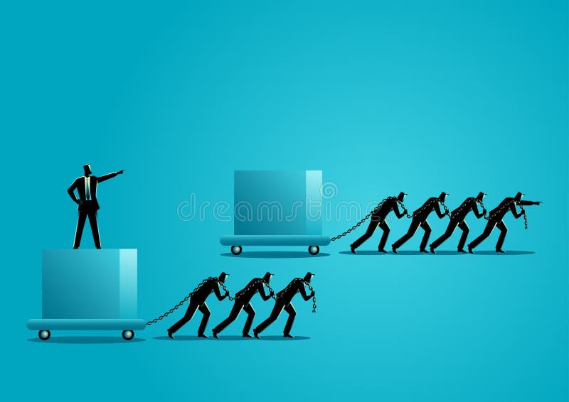 Business concept illustration of businessmen dragging a big box, leading the race against slower group. Winning strategy, efficiency, the difference between leader and boss. Business concept illustration of businessmen dragging a big box, leading the race against slower group. Winning strategy, efficiency, the difference between leader and boss.