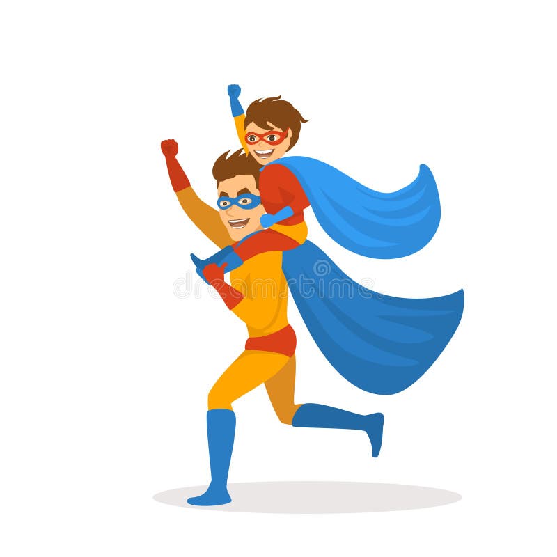 Father and son playing superheroes dressed in costumes running together, boy sitting on dads back shoulders , funnny fathers day isolated vector illustration scene. Father and son playing superheroes dressed in costumes running together, boy sitting on dads back shoulders , funnny fathers day isolated vector illustration scene