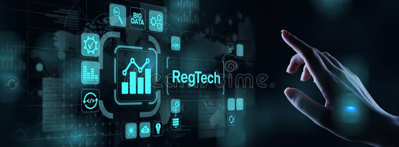 Der vorgeschriebenen Internet-Technologiekonzept Befolgungsfinanzkontrolle RegTech modernes auf virtuellem Schirm stockfotografie