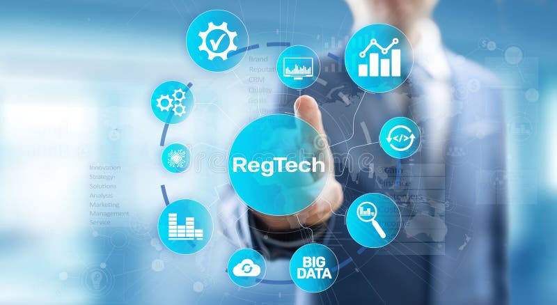 Der vorgeschriebenen Internet-Technologiekonzept Befolgungsfinanzkontrolle RegTech modernes auf virtuellem Schirm lizenzfreie stockbilder