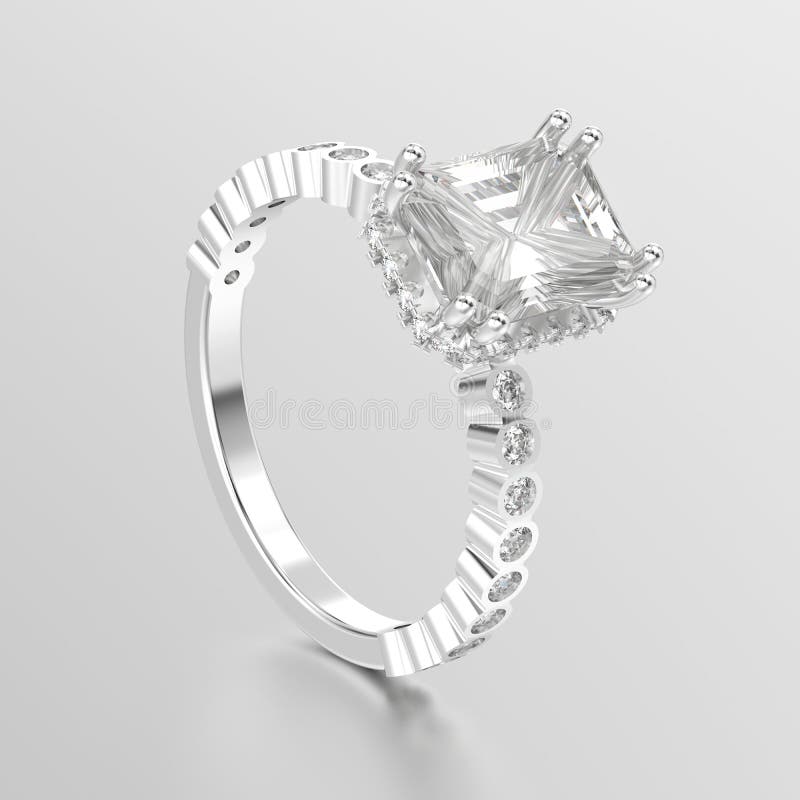 3D illustration white gold or silver diamonds decorative ring with reflection on a white background. 3D illustration white gold or silver diamonds decorative ring with reflection on a white background