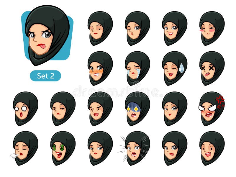Der zweite Satz der moslemischen Frau in den schwarzen hijab Karikaturavataras vektor abbildung Der zweite Satz der moslemischen Frau in den schwarzen hijab Karikaturavataras vektor abbildung