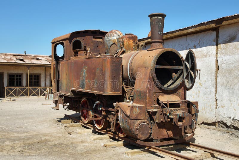 Derelict and rusting steam train in Humberstone, Chile