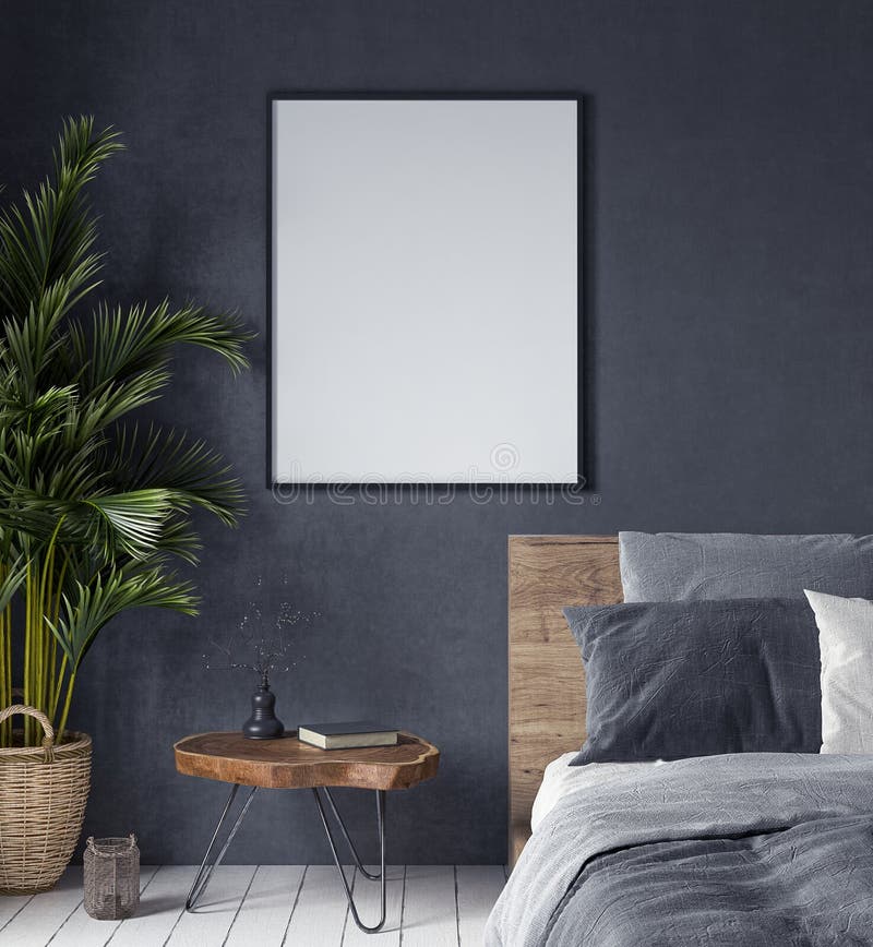 Derida sul manifesto in camera da letto interna, stile etnico fotografia stock