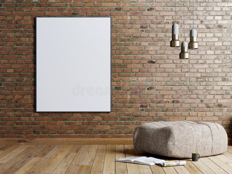 Derida sul manifesto in un fondo del muro di mattoni in un salone di stile del sottotetto con l'ottomano beige del tessuto, la la royalty illustrazione gratis