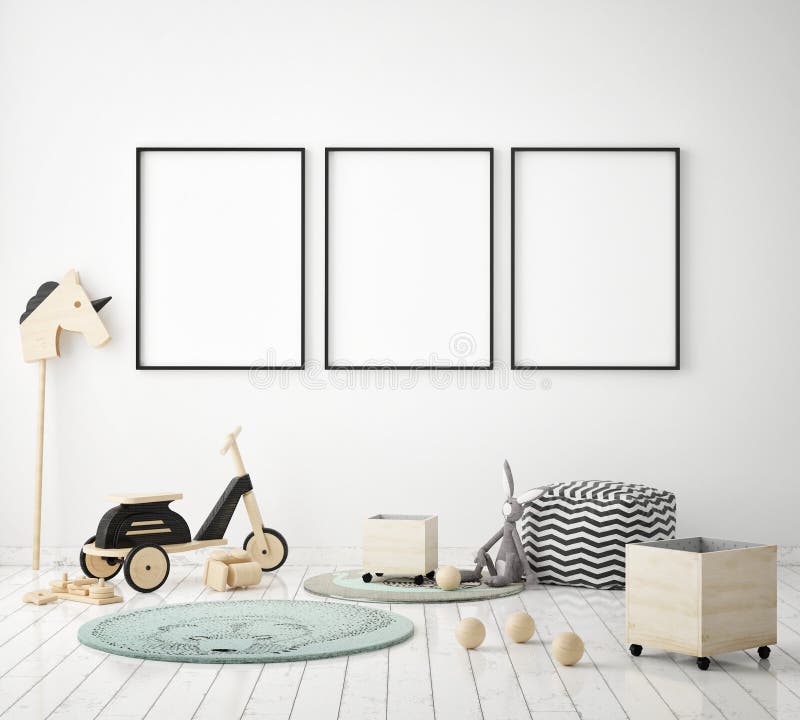 Mock up poster frame in children bedroom, scandinavian style interior background, 3D render, 3D illustration. Mock up poster frame in children bedroom, scandinavian style interior background, 3D render, 3D illustration