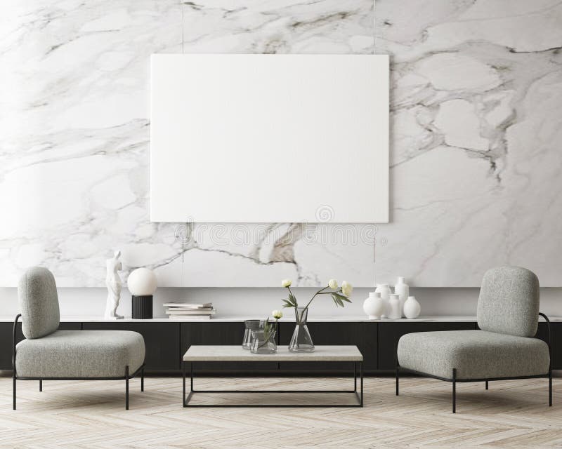 Deridere la cornice di un poster nel moderno background room scandinavo stile 3d illustrazione di stock