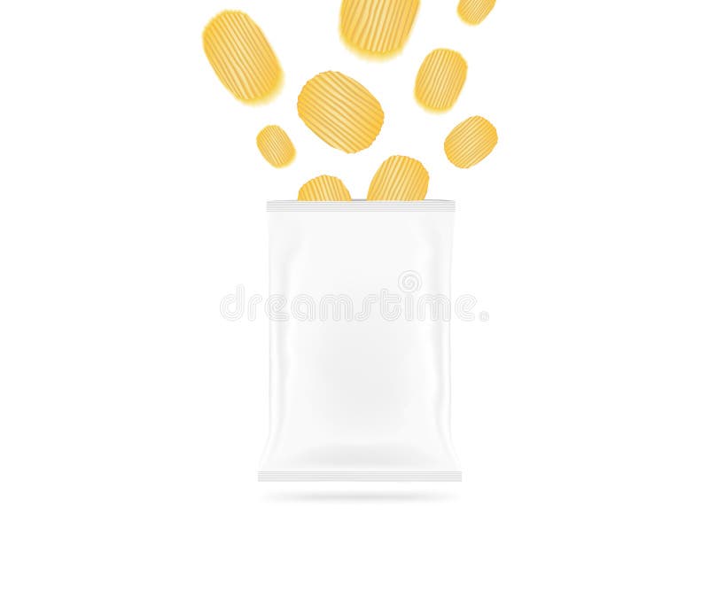 Derisione in bianco della borsa dei chip su isolata Chiaro pacchetto bianco m. della patatina fritta fotografia stock libera da diritti Derisione in bianco della borsa dei chip su isolata Chiaro pacchetto bianco m. della patatina fritta fotografia stock libera da diritti