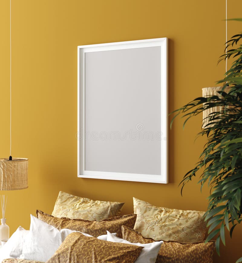 Derisione sul manifesto, camera da letto di colore della senape interna con il letto modellato, stile della Boemia immagine stock Derisione sul manifesto, camera da letto di colore della senape interna con il letto modellato, stile della Boemia immagine stock