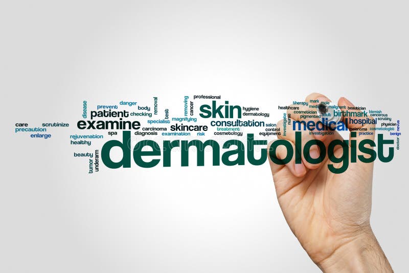 Dermatologenwort-Wolkenkonzept auf grauem Hintergrund stock abbildung Dermatologenwort-Wolkenkonzept auf grauem Hintergrund stock abbildung