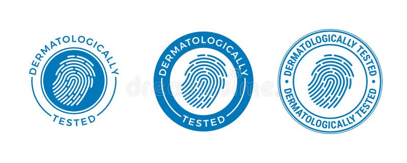 Dermatologiskt testad logotyp för fingeravtryck på vektoretikett. dermatologitest och dermatologist kliniskt beprövad ikon för all royaltyfri illustrationer