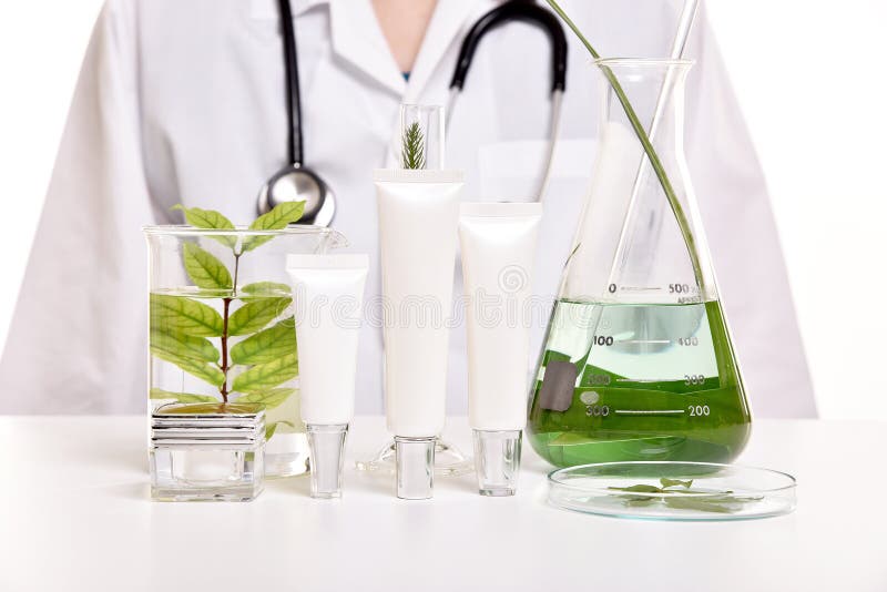 Dermatologist with natural skin care, Green herbal organic beauty product discovery at science lab