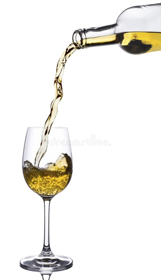 White wine pouring into glass from bottle isolated. White wine pouring into glass from bottle isolated