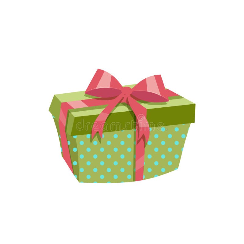 Des Design-Grüns der Karikatur modische punktierte Geschenkbox Polka mit rotem Band und Bogen Geburtstags- und Weihnachtsvektorik vektor abbildung