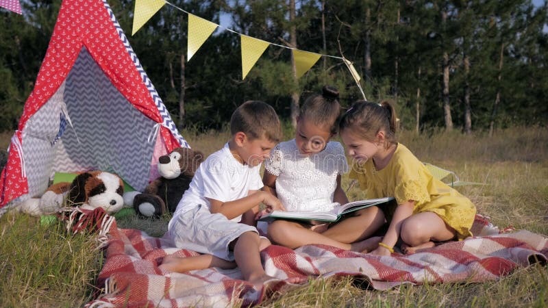 Des enfants adorables, de belles filles et un garçon heureux lisent des histoires de livres se reposant dans la prairie pendant l