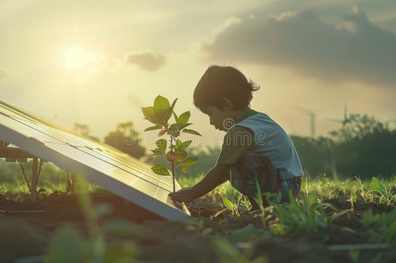 Des enfants heureux plantent un arbre entouré d'une cellule solaire et assis. aig42. élève primaire attrayant qui cultive un arbre dans le jardin. concept mondial d'économie environnementale. production d'énergie durable.