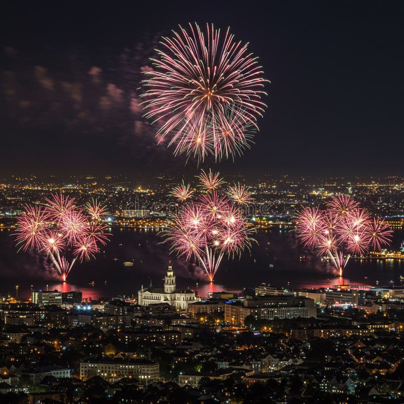 Des feux d'artifice colorés illuminent le ciel nocturne au-dessus d'un paysage urbain animé illustration de vecteur